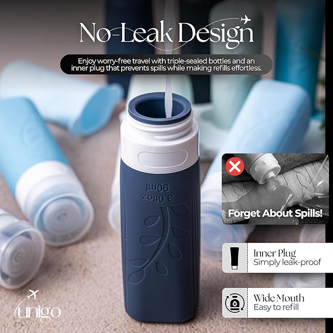 unigo Silicone Travel Bottles Set for Toiletries, Airplane Approved TSA Carry On Size, BPA Free Leakproof Refillable Squeeze Containers with Labels, Cleaning Brush and Covers (Blue)