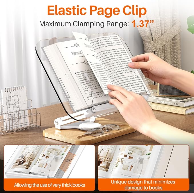 BYMECOST Acrylic Book Stand for Reading, 360°Rotating Book Holder with Pen Slot, Adjustable Height and Angle, Elastic Clips for Cookbook Stand, Foldable Desktop Riser for Laptop,Tablet,Recipe,Magazine