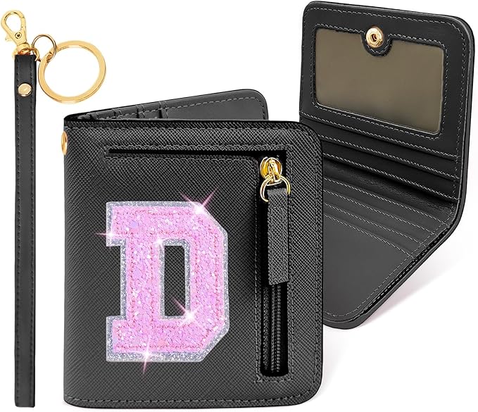 COSHAYSOO Mini Wallet with RFID Blocking Initial Monogrammed for Girls Birthday Valentines Easter Mothers Nurse Day Graduation Thanksgiving Appreciation Halloween Christmas New Year Gifts Black D