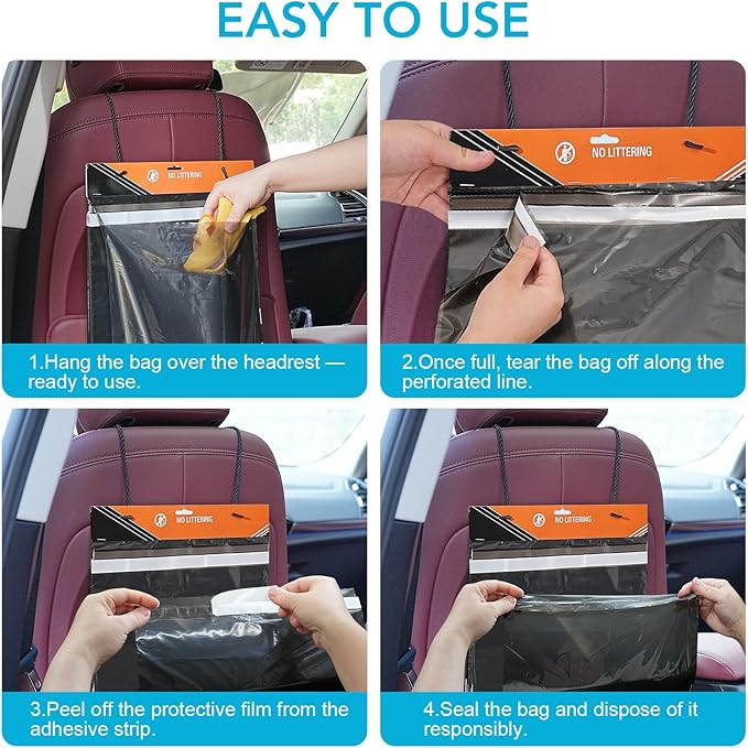 50 Pcs Disposable Car Trash Bags – Leakproof & Odor-Lock 2 Gallon Hanging Auto Garbage Bags – Hanging from Headrest/Easy Stick-On Trash Can for Car, Truck, SUV, Travel & Ride-Share