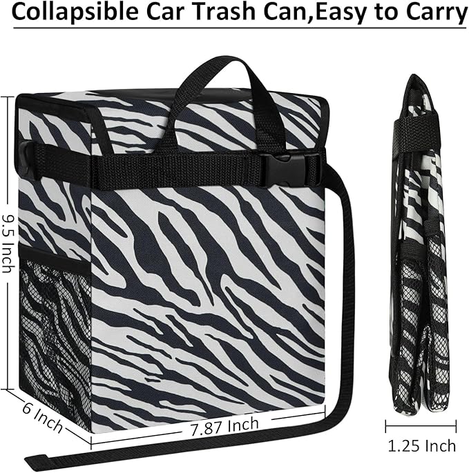 ELONGRIVER Car Trash Can Bin for Back Seat Leak Proof, Cute Car Trash Bag Hanging, Vehicle Trash Can for SUV Truck Van, Automotive Garbage Cans Front Seat Zebra