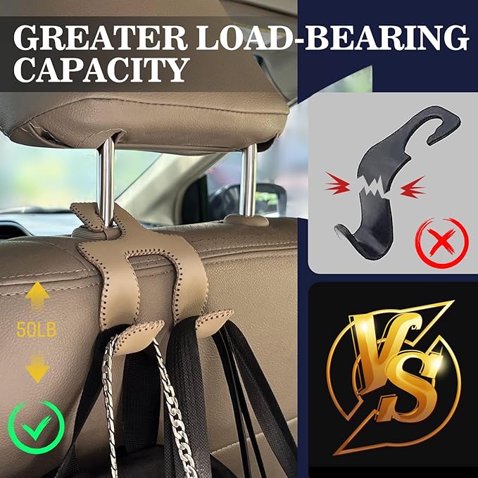 Upgraded Headrest Hooks for Purses and Bags, 2 in 1 Car Back Seat Head Rest Hanger Matching Cars Interior Genuine Leather Vehicle Storage Holder Hook, 1 Pack, Gray