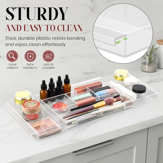 4pack Shallow Expandable Drawer Organizer, Adjustable 12.5”–20” Clear Plastic Drawer Organizer Tray for Vanity Bathroom Desk Kitchen Drawers, Multi Compartment Storage