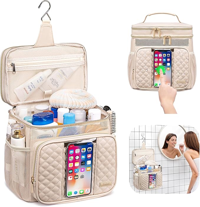 Large Leather Toiletry Bag for Women Men,Bathroom Bag,Water Resistant Shower Bag,Makeup Bag,Portable Shower Caddy for College Dorm,Hanging Travel Toiletry Bag with Transparent Waterproof Phone Pocket