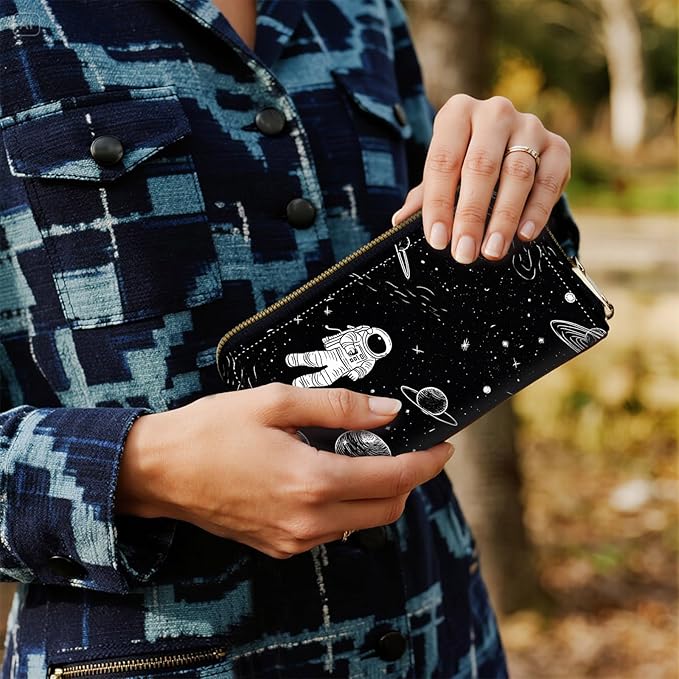 Women's RFID Blocking Zip Around Wallet with Detachable Wrist Strap, Large Capacity Credit Card Holder Organizer for Everyday Use,Astronaut Planet