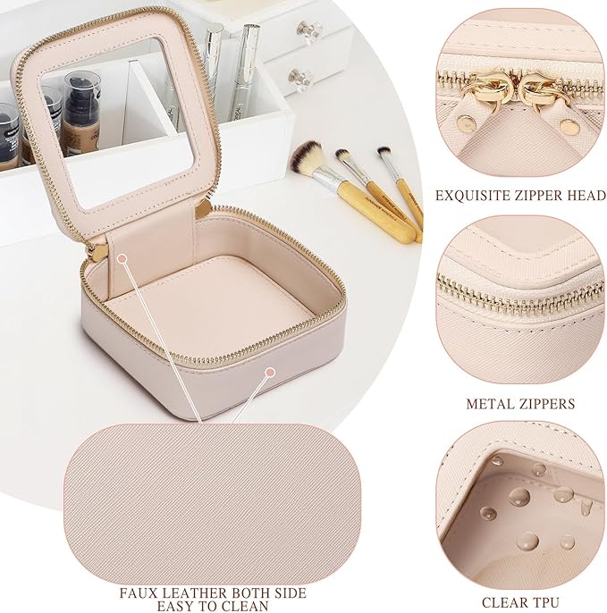Pinkmik Small Makeup Bag Mini Clear Cosmetic Makeup Case & Toiletry Bag with Zipper Women's Purse Organizer & Car Essentials (Beige, MINI)