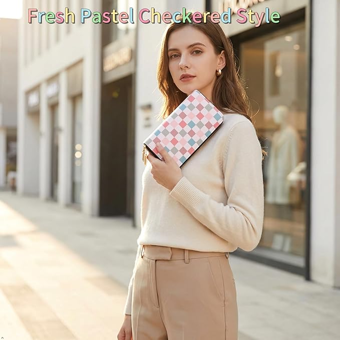 Colorful Plaid Long Wallet for Women, Dual Zipper Large Capacity PU Leather Card Holder with 12 Card Slots, Checkered Zip Around Clutch Purse for Daily Work Travel Use