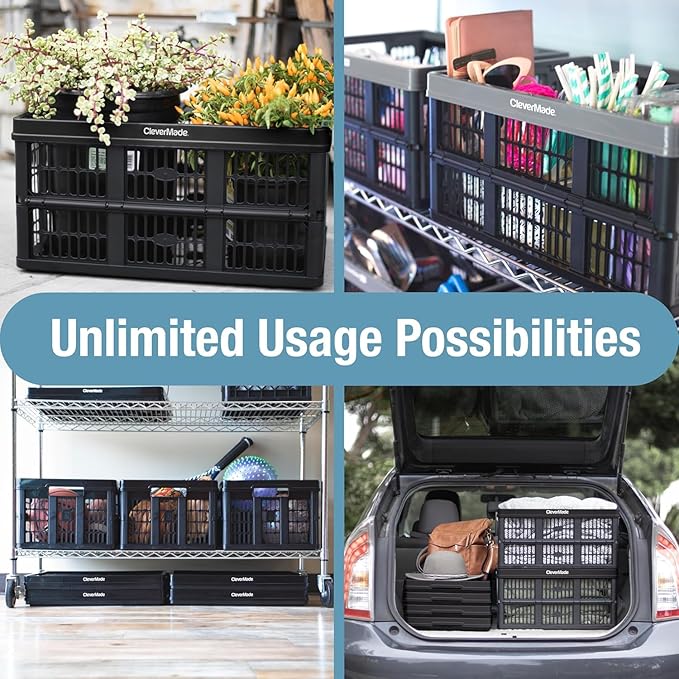 CleverMade Collapsible Utility Crates, Ocean, 3 Pack, 45L/11 Gal, 66 lbs Capacity, Stackable Containers, Heavy Duty, Space-Saving Baskets,Polypropylene (PP)