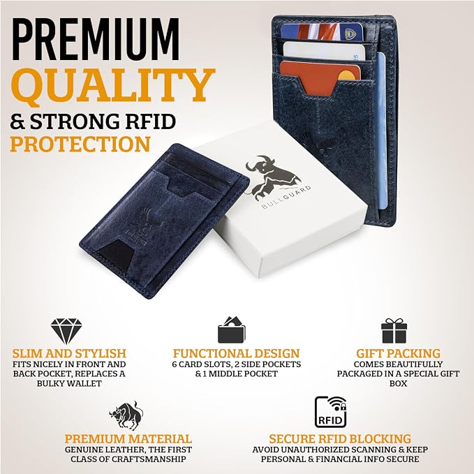 Mens RFID Blocking Leather Slim Card Case Wallet with Easy Access ID windows, Cash & Card Slots, Crafted with Premium Top Grain Leather Ideal for Travel or Everyday Use (Darkest Midnight Blue)