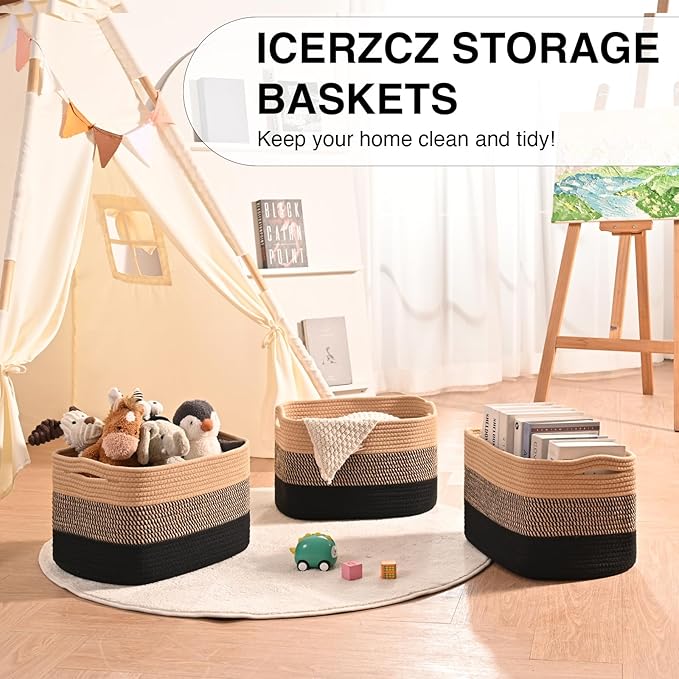 ICERZCZ Storage Baskets for Organizing Shelves, Decorative Baskets for Storage, Woven Cotton Rope Basket for Living Room Bedroom Nursery, 15"x11"x9.5", 3 Packs, Gradient Black & Jute