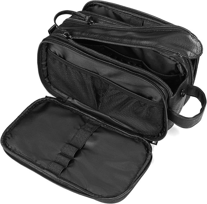 Toiletry Bag for Men and Women, Travel Essentials Shaving Dopp Kit, Travel Bag Toiletries Organizer Case for Grooming, PU Leather Water Resistant Cosmetic Bag Pouch (Black, Medium)
