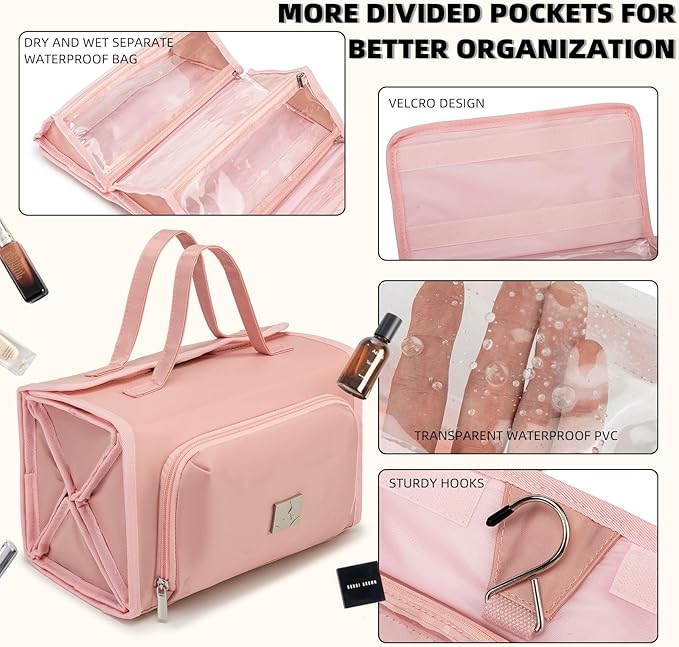 ROYALFAIR Roll Up Makeup Bag, Waterproof Toiletry Bag for Women, Hanging Travel Organizer bags with Jewelry Organizer Compartment, Extra Large 4 Clear TSA Approved Pouches Cosmetic Makeup (light red)