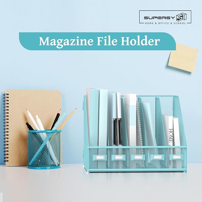 SUPEASY Desk Organizers Metal Desk Magazine File Holder with 5 Vertical Compartments Rack File Organizer for Office Desktop, Classroom, Home Workspace, Blue