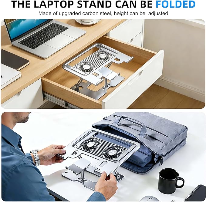 Ergonomic 2-in-1 Laptop Stand for Desk with Fans,Adjustable Laptop Riser with Phone Holder,Computer Stand for Laptop,Sturdy and Portable Stand,Compatible with All Laptops and Phones White