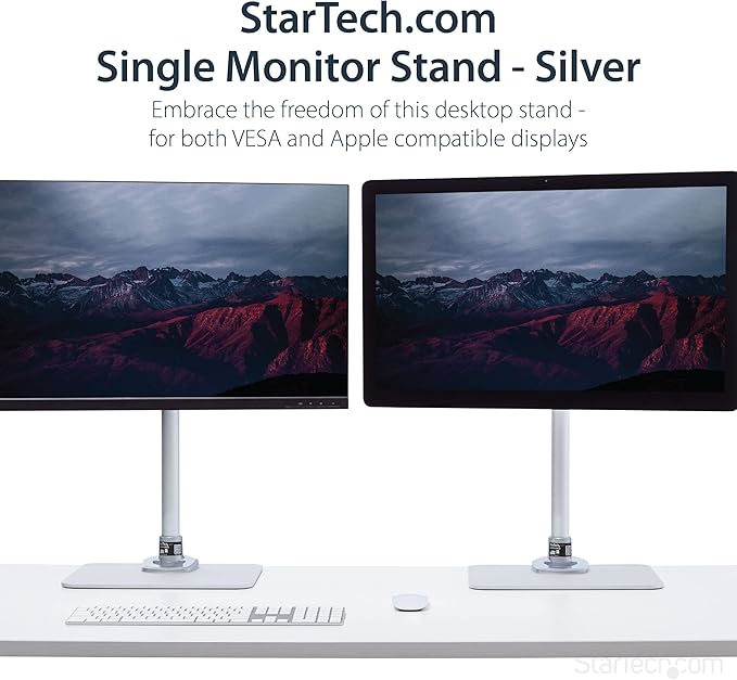StarTech.com Single Monitor Stand, Adjustable, Supports UHD, iMac and Apple Thunderbolt Displays from 12'' to 34" (30.9lb/14kg), Premium Single Screen VESA Monitor Mount Stand, Silver, TAA