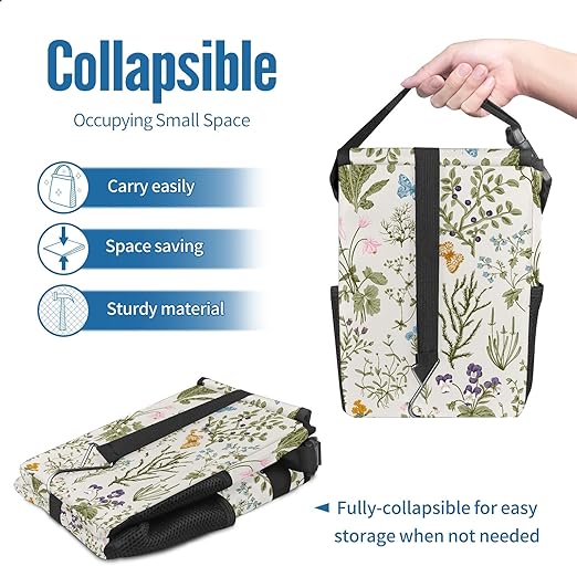 Car Trash Can with Lid Vintage Botanical Wildflowers Collapsible Reusable Leak-Proof Auto Garage Bag,Hanging Vehicle Car Accessories Interior Car Organizer