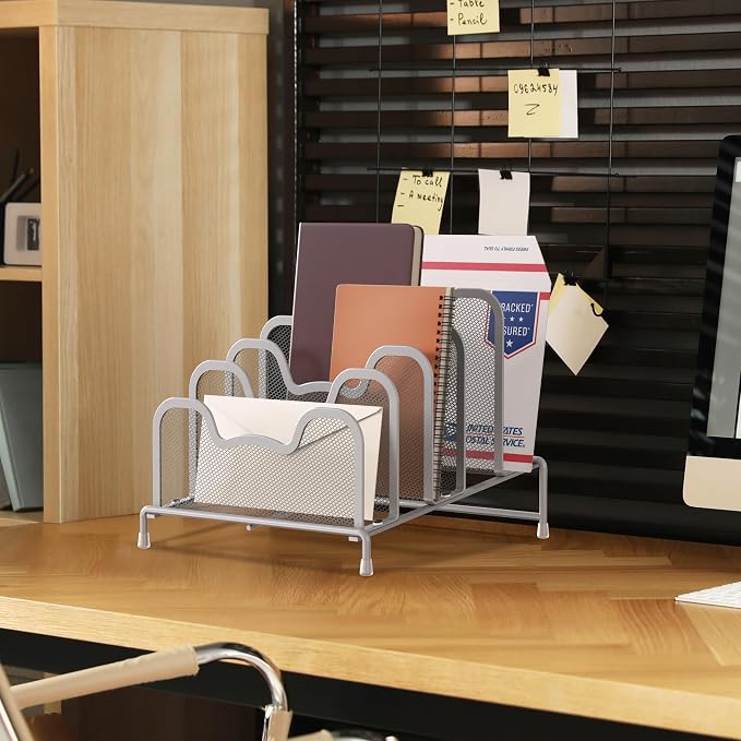 Simple Houseware Desk 5 Sections Step File Sorter Organizer, Silver