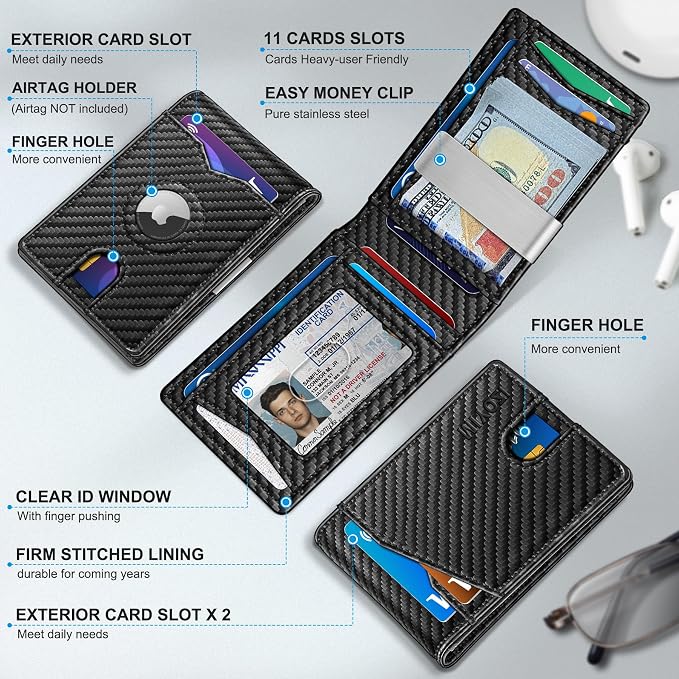 miyozi Airtag Wallet for Men,with Money Clip 11 Cards Slim Front Pocket Leather RFID Blocking Wallet with Gift Box