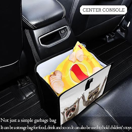 Funny Raccoons Sunglasses Animal Car Trash Can, Foldable Hanging Car Trash Bag, Small Waterproof Car Accessories Garbage Bin