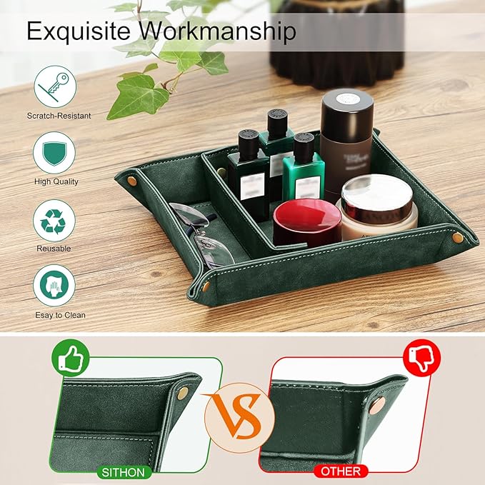 SITHON Valet Tray Desktop Storage Organizer, Removable 2 Compartments Catchall Tray Bedside Vanity Nightstand Caddy Holder Desk Storage Plate, Dark Green