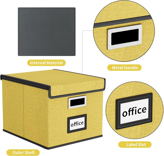 File Organizer Box with Lid, Collapsible File Folder Organizer for Office Document Storage, Filing Box with Plastic Slide for Letter Size Hanging Files(1 Pack, Yellow)