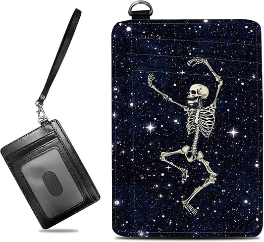 Small Travel Wallets, Dance Skull Skeleton Slim Minimalist Front Pocket Wallet with Wristlet, RFID Blocking PU Leather Credit Card Holder with ID Window Change Purse for Men Women