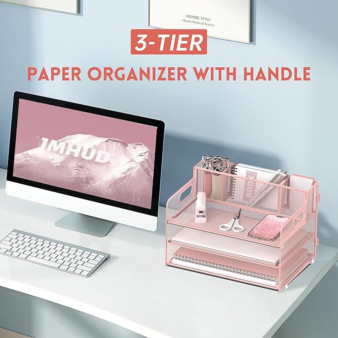 3 Tier Paper Letter Tray Organizer with Pen Holder for Desk, Black Metal Mesh Desk File Folder Sorter Organizer with Handle and Sliding Tray for Home, Office, School Supplies Organization(Pink)