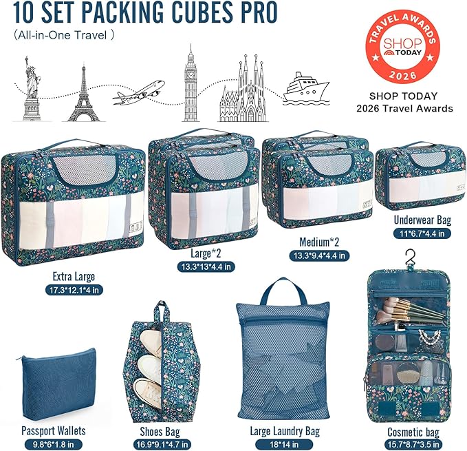 Veken 10 Set Packing Cubes for Travel Essential, Suitcase Organizer Bags in 4 Sizes, Carry-On Luggage Accessories with Large Laundry & Hanging Toiletry Bag, Must-Have for Airplane, Road Trip & Camping