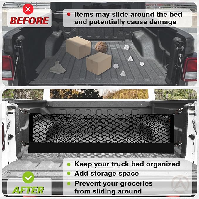 Muslogy Truck Bed Cargo Net Trunk Netting Compatible with Jeep Gladiator 2020-2025 2026 JT Accessories, Pickup Cargo Organizer SUV Sedan Storage Net w/Heavy Duty Carabiners