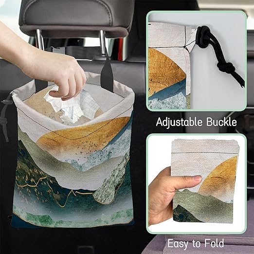 Green Mountains Car Garbage Bag,Golden Sunset Waterproof Small Car Trash Bag Hanging Back of Seat,Drawstring Hanging Car Trash Bag with Adjustable Buckle for Car Accessories