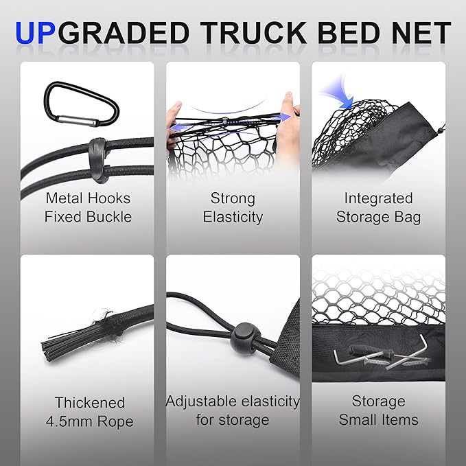 Truck Bed Cargo Net for Toyota Tacoma 2005-2024, Envelope Style Pickup Cargo Net with Storage Bag, Heavy Duty Elastic Mesh Organizer with Carabiners, Secures Groceries & Gear