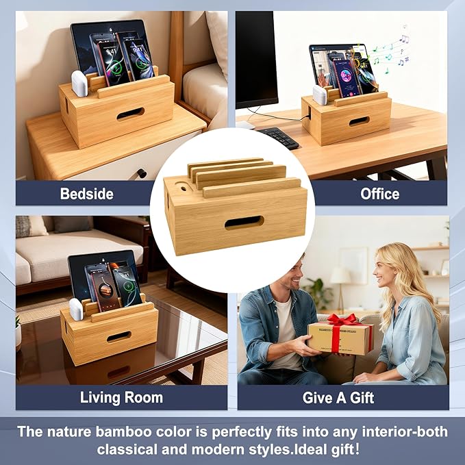Bamboo Charging Station for Multiple Devices, Cable Management Box for Power Strip, USB Charger & USB Charging Hub/Station, Wood Docking Station Desktop Organizer Bedside Table Organizer