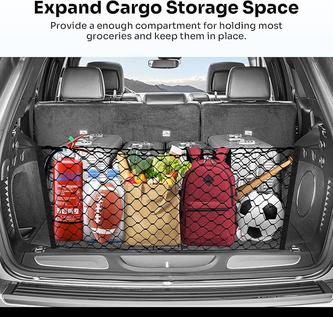 Canvcle Trunk Cargo Net for 2011-2021 Jeep Grand Cherokee Accessories Envelope Style Mesh Trunk Net Organizer and Storage Stretchable Adjustable Elastic Nylon Rear Cargo Netting with Hooks