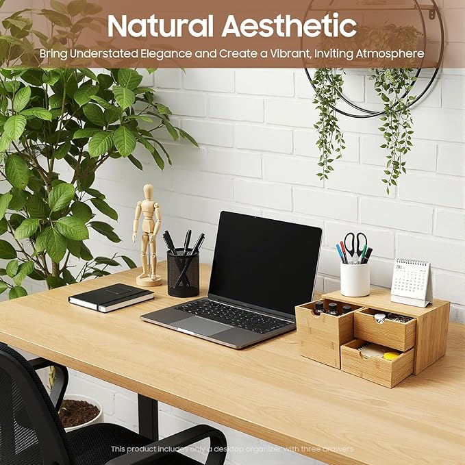 Bamboo Desk Organizer 3 Drawers Tabletop Storage Organization Box, No Assembly Needed for Home Office Storage, 12.99 * 7.48 * 6.3in (1 left & 2 right)