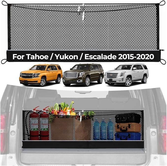 3-Layer Cargo Net for Chevrolet Tahoe/GMC Yukon/Cadillac Escalade 2015-2020, Zoned Storage Trunk Net with Zippered Bottom Bag, Heavy-Duty Cargo Organizer Netting for Camping, Trips & Everyday Use