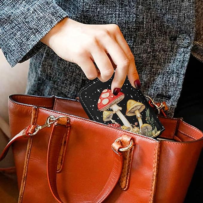 RFID Credit Card Holder Wallets Accordion for Women Leather Zipper Card Case Accordion Wallet for Ladies Girls (Mushrooms)