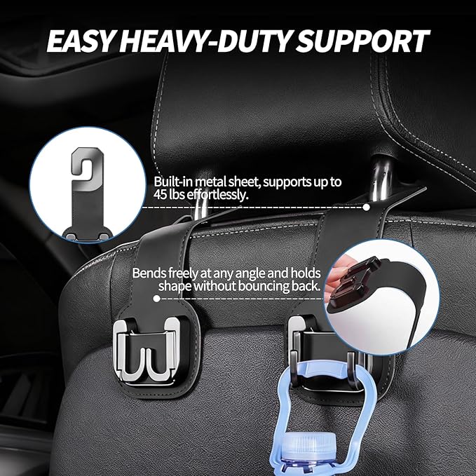 2 Packs Headrest Hooks for Car, Hidden Twinhook Leather & Metal Car Purse Holders, Universal Seat Back Storage Organizer Hanger for Purse Bag Handbags Phones, 2026 Car Seat Accessories (Black)