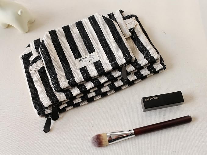 HAPPYHEIDI Black White Stripe Makeup Bag Set 3 with Compartment Cosmetic Toiletry Travel Pouch,Purse Accessory Organizer, 3-Size, Canvas Lined
