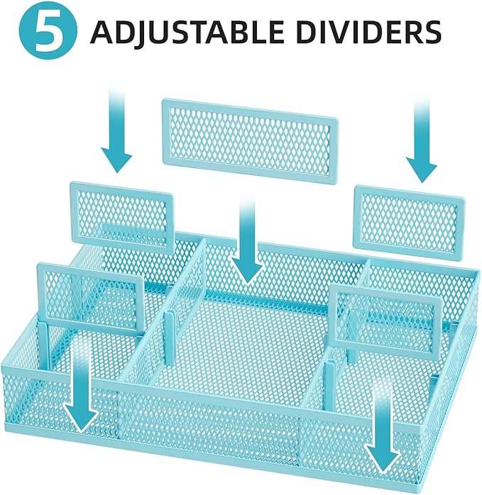 Marbrasse 2 Pack Desk Drawer Organizer, Mesh Drawer Organizer Tray with 8 Adjustable Compartments, Desk Organizers and Accessories, 5 Dividers Drawer for Office Supplies, Makeup & Vanity (Blue)