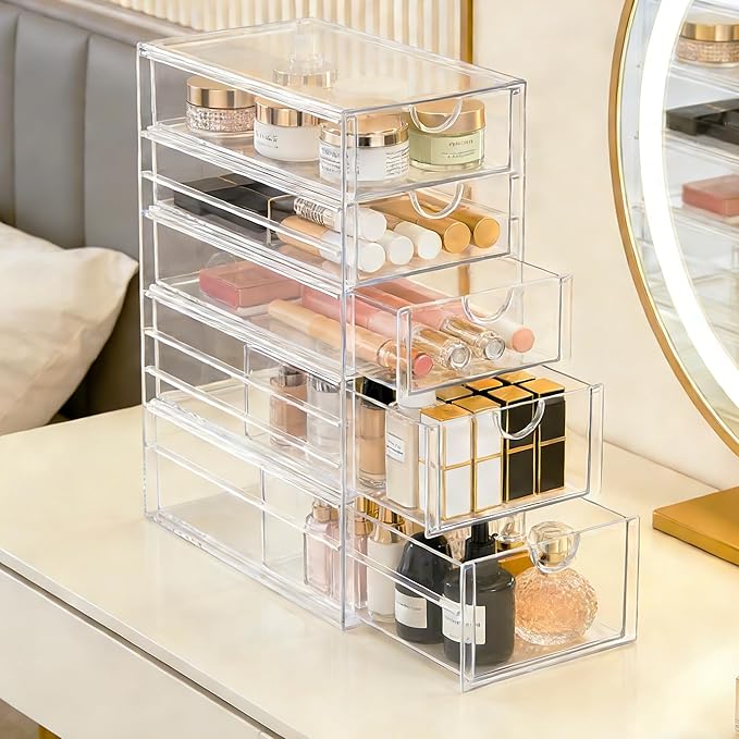 Prsildan Acrylic Drawer Makeup Organizer with 5 Drawers, Hair Accessories Organizer, Office Desk Organization, Clear Stackable Storage Drawers for Vanity, Countertop, Craft, Jewelry