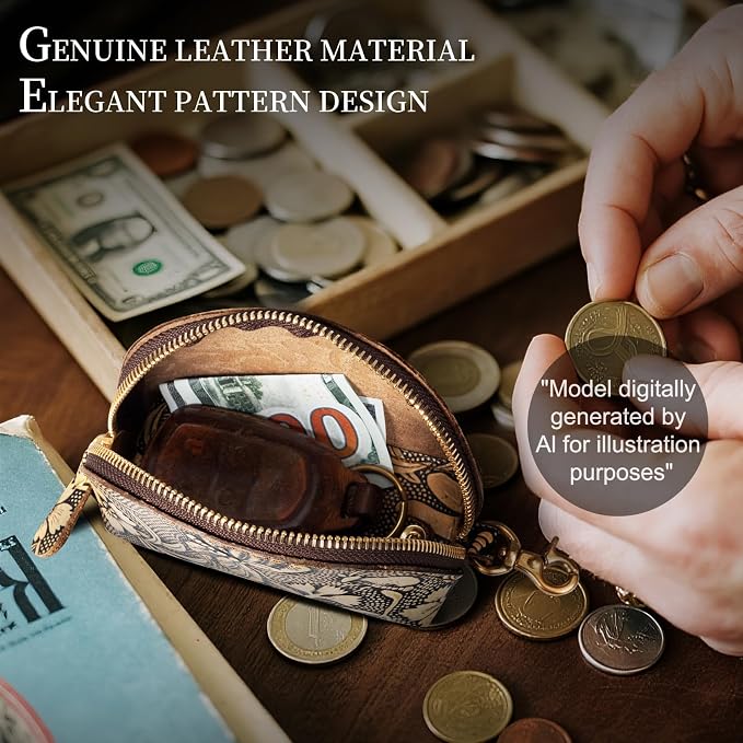 Gexmil Genuine Leather Coin Purse with Zipper, Full Grain Leather, Mini Coin Pouch for Women Men, Change Wallet,Butterfly Grey