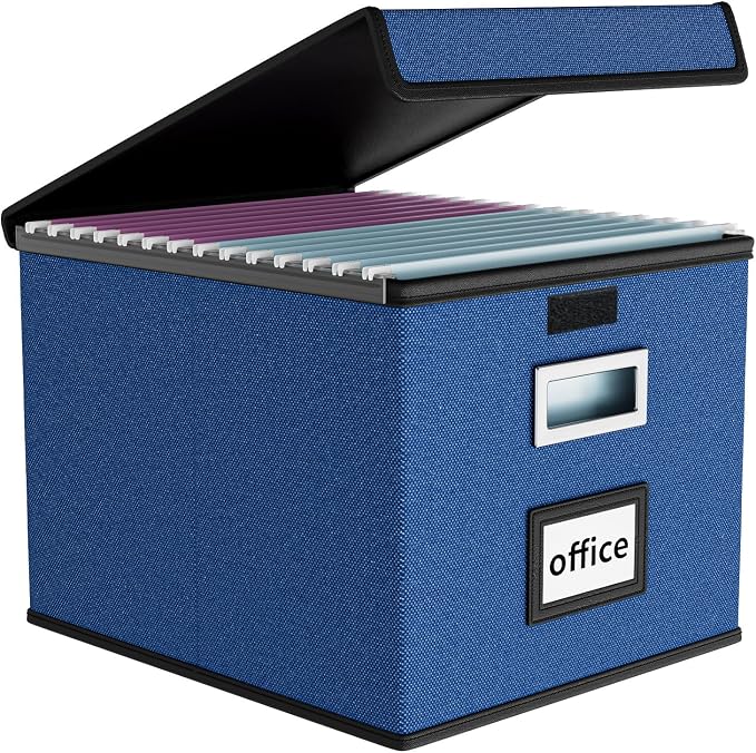 File Organizer Box with Lid, Collapsible File Folder Organizer for Office Document Storage, Filing Box with Plastic Slide for Letter Size Hanging File Folders(1 Pack, Royal Blue)