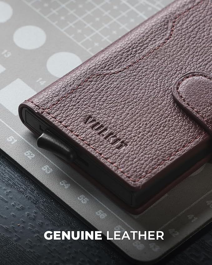 VULKIT Slim Bifold Pop up Wallet Minimalist Leather Card Holder RFID Blocking Metal Card Case with ID Window for Women | with Leather Slots, RFID Blocking, Slim, Metal Card Case