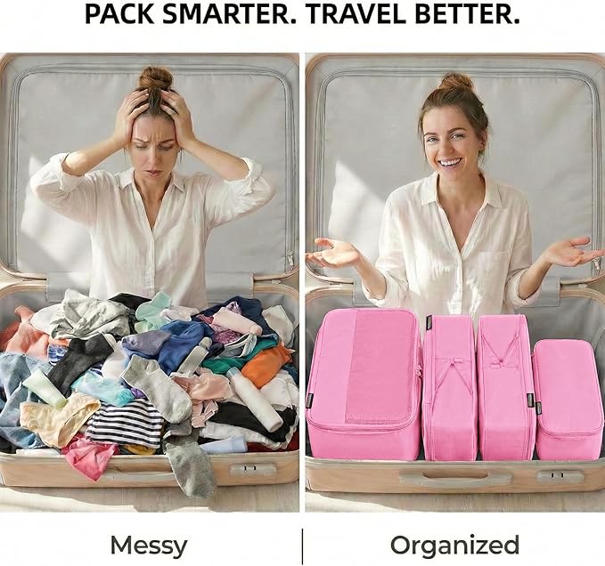 4 Piece Compression Packing Cubes for 3–7 Day Travel, Space Saving Travel Organizers with Breathable Mesh, Double-Zipper Packing Cubes for Carry-On & Suitcases (Petal)