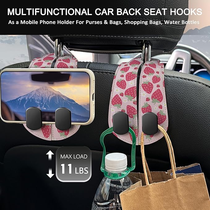 Blusabaca 2PCS Car Seat Back Storage Headrest Hooks, Cute Strawberry Purse Holder Bags Hanger, PU Leather Double Metal Hook for Backseat Organizer, Women Car Accessories Organization