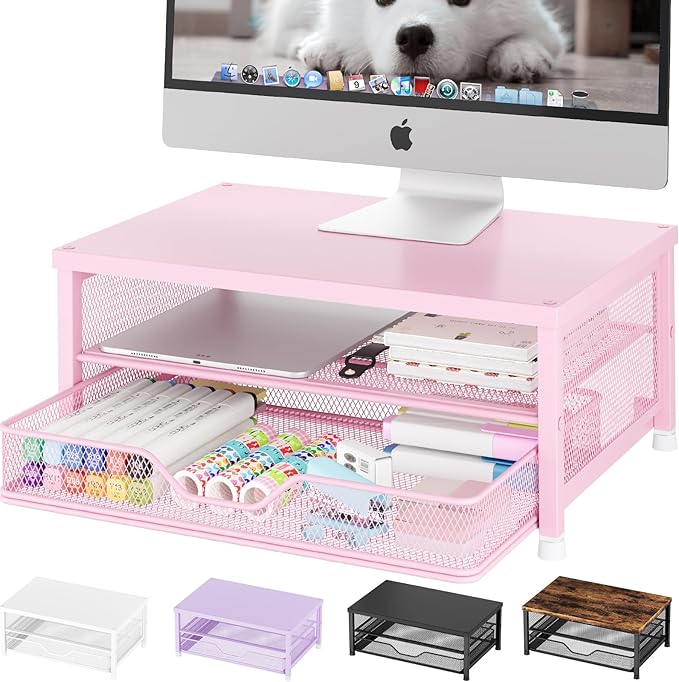 OPNICE Computer Monitor Stand Riser, Desk Organizer with Drawer, Printer & Laptop Stand, Office Desk Accessories & Workspace Desktop Organizers Storage for Office Supplies(Pink)