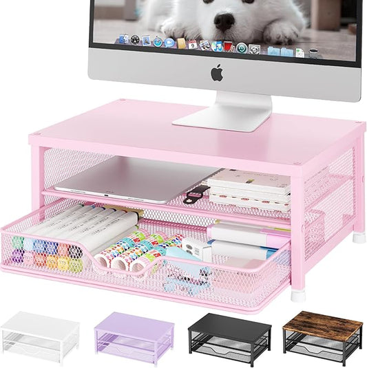 OPNICE Computer Monitor Stand Riser, Desk Organizer with Drawer, Printer & Laptop Stand, Office Desk Accessories & Workspace Desktop Organizers Storage for Office Supplies(Pink)