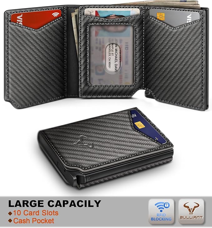 BULLIANT Men Wallet Leather Wallet Card Holders Money Clip for Men 10Cards-Magnetic Flip on Metal Case