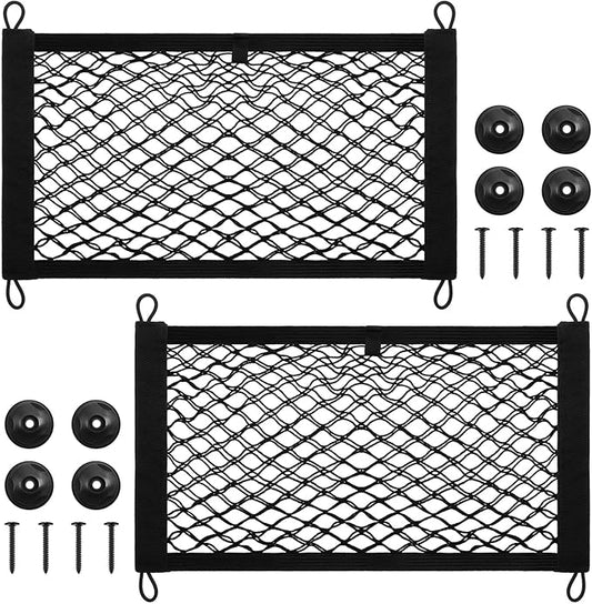 Frienda 2 Pieces Stretchable Small Cargo Net Pocket Storage Mesh Net Elastic Automotive Storage Pouch with 8 Pieces Mounting Screws and Hooks for Truck Car SUV Boats(21 x 9.8 Inches)