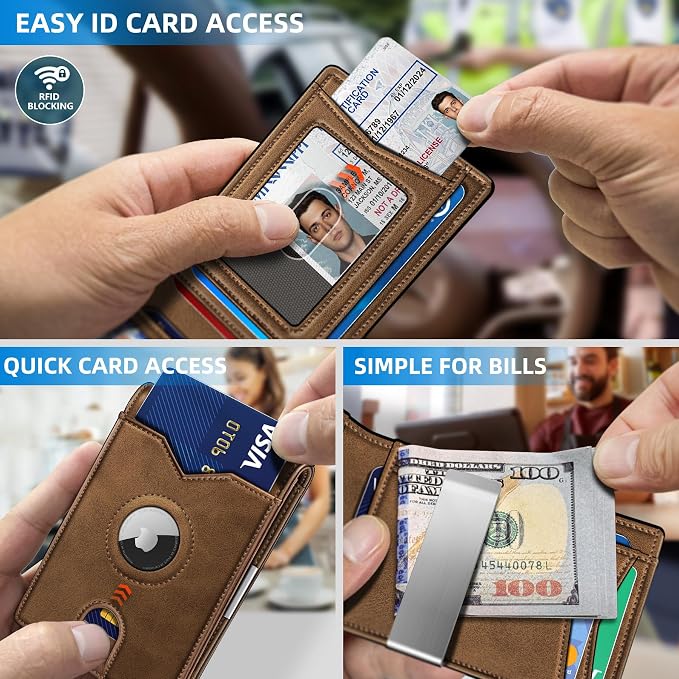 miyozi Airtag Wallet for Men,with Money Clip 11 Cards Slim Front Pocket Leather RFID Blocking Wallet with Gift Box